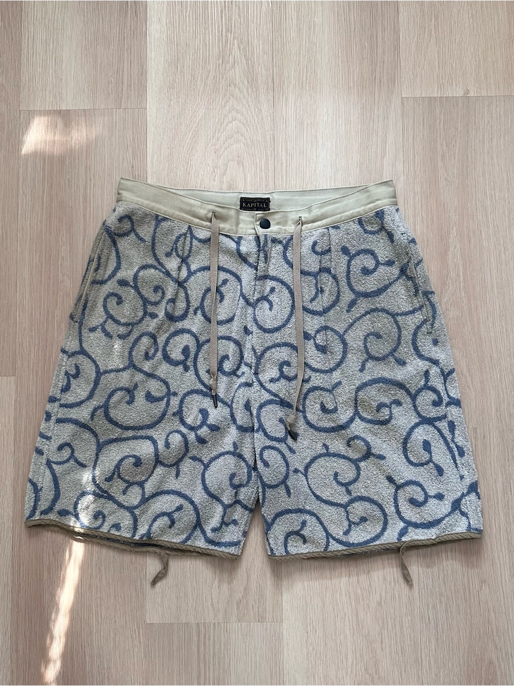 Kapital Japan Cream and Blue Scroll Terry Shorts